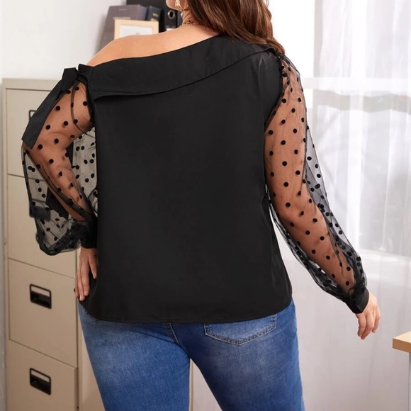 Plus Black Polka Dot One Shoulder Sheer Sleeve Blouse - Picture 3 of 4
